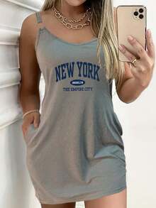 New York Inspired Sling Dress, Summer Cotton Print Casual Women's Sundress - 灰色 - 查看 1