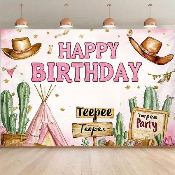 Bannière de fond de photographie thème western cowboy rose 2D "Joyeux anniversaire" - Conception résistante aux intempéries, avec motifs de cactus, tente et panneau en bois, convient pour fête d'anniversaire intérieure/extérieure, décoration de photomaton, décoration de fête western résistante aux intempéries