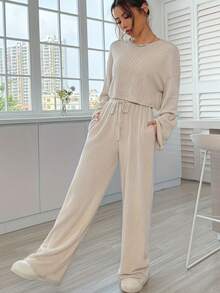 2件套女士春秋冬休闲罗纹长袖上衣和裤子睡衣套装，时尚家居服套装，可外出穿着，舒适保暖，秋季服装 - 杏色 - 查看 4