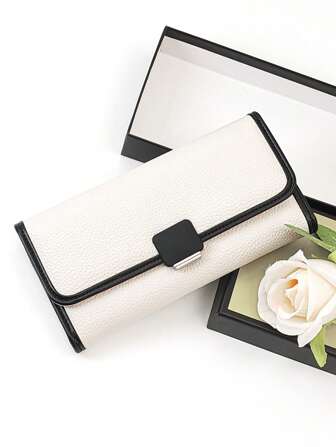 女士长款钱包 多功能撞色 PU 皮革 柔软大容量卡包 手拿包 精致礼盒包装 轻巧紧凑 适合节日礼物 女士钱包 钱包