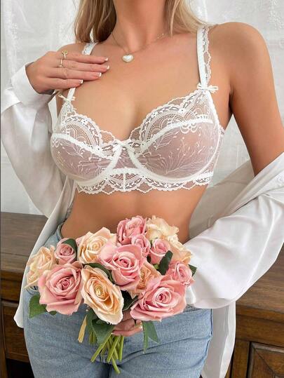 1pc Lace Sexy Deep V Bra, White/Black/Red, Comfortable Breathable Underwire Bra With Lift, Gather, Spaghetti Strap, Balcony Cup, Ultra-Thin Breathable, French Romantic Elegant Bra For Women