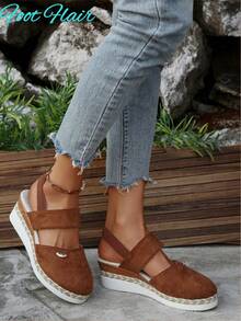 Dép quai hậu hở mũi đế vải lanh đàn hồi cỡ lớn Foot Flair dành cho nữ, phong cách Bohemian Beach, thoải mái cho mùa hè, màu nâu - màu nâu - Xem 5