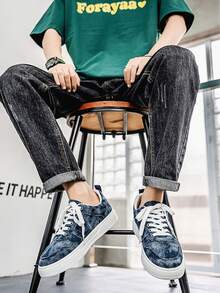 Men's Casual Canvas Sneakers, Denim Texture, Anti-Slip Wear-Resistant, Fashionable Street Style Skateboard Shoes