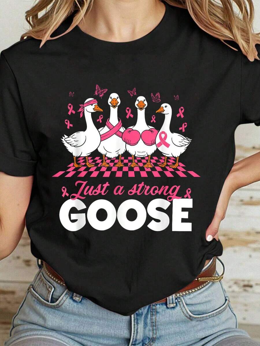 100% Cotton Women Clothes Just A Strong Goose Pink Ribbon Breast Cancer Awareness T-Shirt - 黑色 - 查看 1