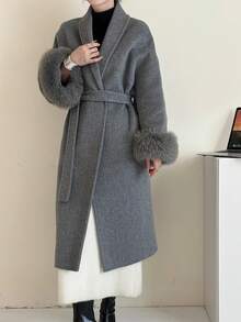 女士经典披肩领系腰长款双面羊毛大衣，秋冬季休闲加长外套 - 灰色 - 查看 7