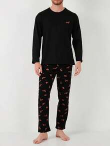 Spring And Autumn Men's Pajamas Round Neck Pullover Pug Cute Puppy Print Long Sleeve Top & Pants Two Pieces Home Clothes Set, For Fall Winter - Black - View 3