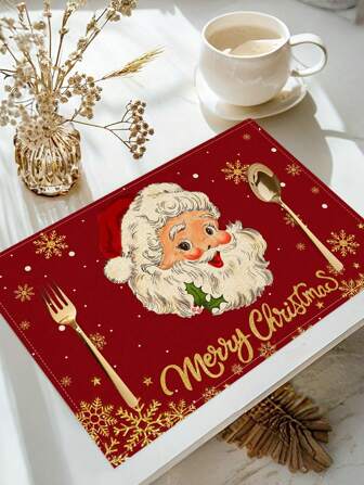 1pc/4pcs Merry Christmas Santa Claus Linen Placemats Festive Winter Holiday Xmas Restaurant Kitchen Dining Room Table Decorations For Family Celebrations Party Decor Christmas Decorations For Home 2025 Gifts New Year 2026 Table Mat Ornament