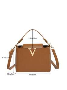 时尚迷你纯色简约金属锁扣装饰防水PU手提包，适合购物、携带，适合年轻女性、大学生、年轻职业人士、上班族。完美适用于办公室、学校、工作、商务、通勤、户外活动、旅行和短途出行。 - 棕色 - 查看 7