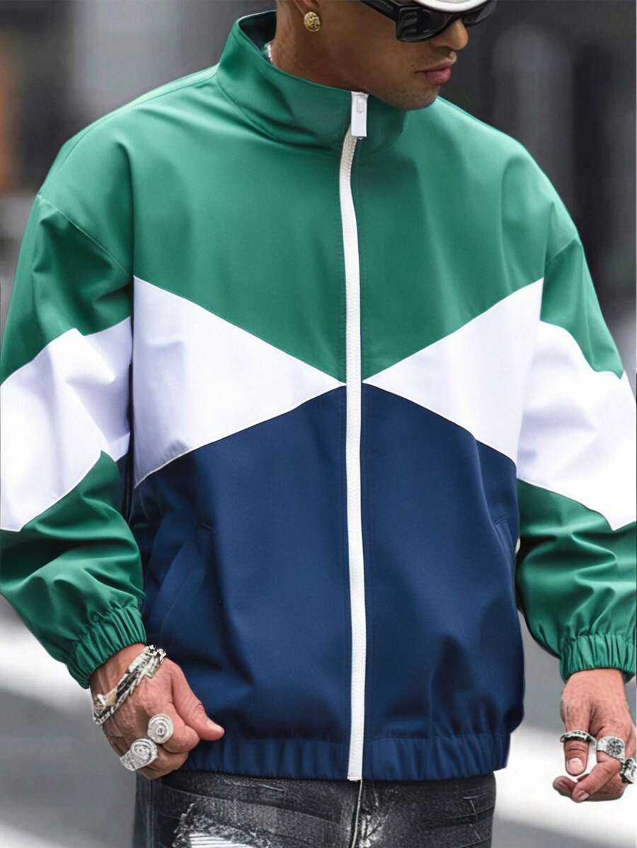 男士拉链前拼色夹克，长袖，基本款，外套，男朋友礼物 - 綠色 - 查看 1