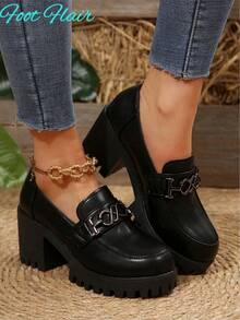 Sapatilhas femininas Foot Flair (tamanho pequeno, compre um número menor) com plataforma, bico redondo e salto grosso, impermeáveis, estilo Oxford vintage plus size em couro PU, pretas, estilo britânico (consulte o guia de tamanhos ao selecionar o seu tamanho). - Preto - Ver 4