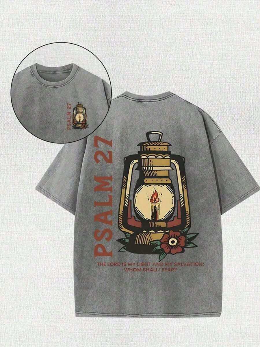 230G Double-Sided Washable T-Shirt With Flame, Christian, Religious Faith Printing, High-Quality Wax Printed Cotton Retro Fashion Brand T-Shirt, Suitable For Summer T-Shirt With A Certain Thickness, Holiday Gift - Unisex Plus Size Top - 深灰色 - 查看 1