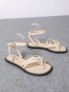 2025 Women's Summer Ankle Strap Fashionable Color Block Flat Sandals, Suitable For Spring, Summer, Beach, Casual, Mother's Day Gift, New Style Metal Buckle Flat Roman Sandals - Beige - View 7