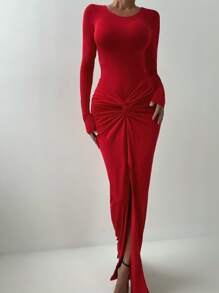 Women 2Pcs Elegant Red Fitted High Stretch Long Sleeve Bodysuit With Ruffle Elastic Waist Long Skirt, Fall Women Clothes, Halloween Clothes, Suit For Christmas