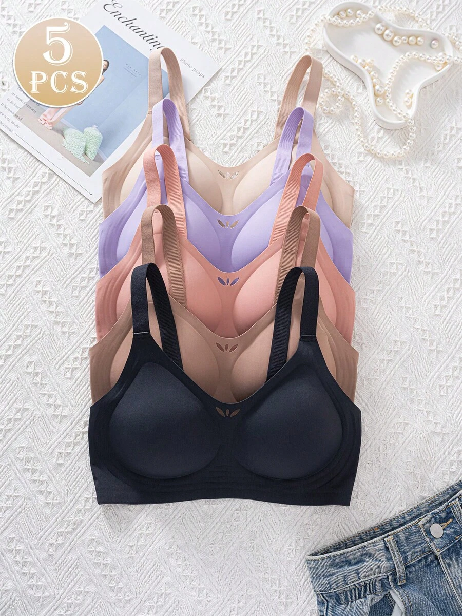 5 قطع/مجموعة من حمالات الصدر اللاسلكية المريحة للنساء، حمالات صدر مجمعة ومناسبة، حمالات صدر رقبة على شكل V ناعمة توفر تغطية كاملة، تصميم أحادي اللون لحمالات الصدر اليومية، الراحة والموضة الأقصى