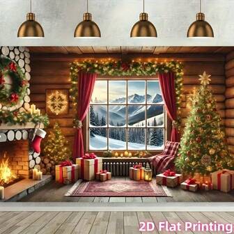 2D 平面，1 个节日圣诞派对横幅 -2D 聚酯背景，带有雪景、红色圣诞帽和节日装饰，适合家庭、房间或墙壁，非常适合节日庆祝和摄影道具，圣诞装饰