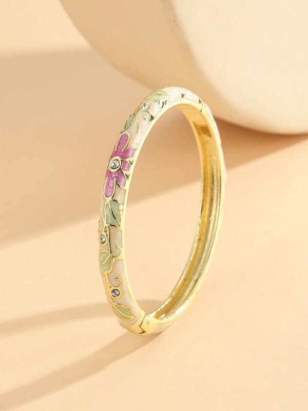 1pc Fashion New Style Gold Plated Flower Pattern Enamel Cloisonne Bracelet Bangle Jewelry Gift For Girls Women