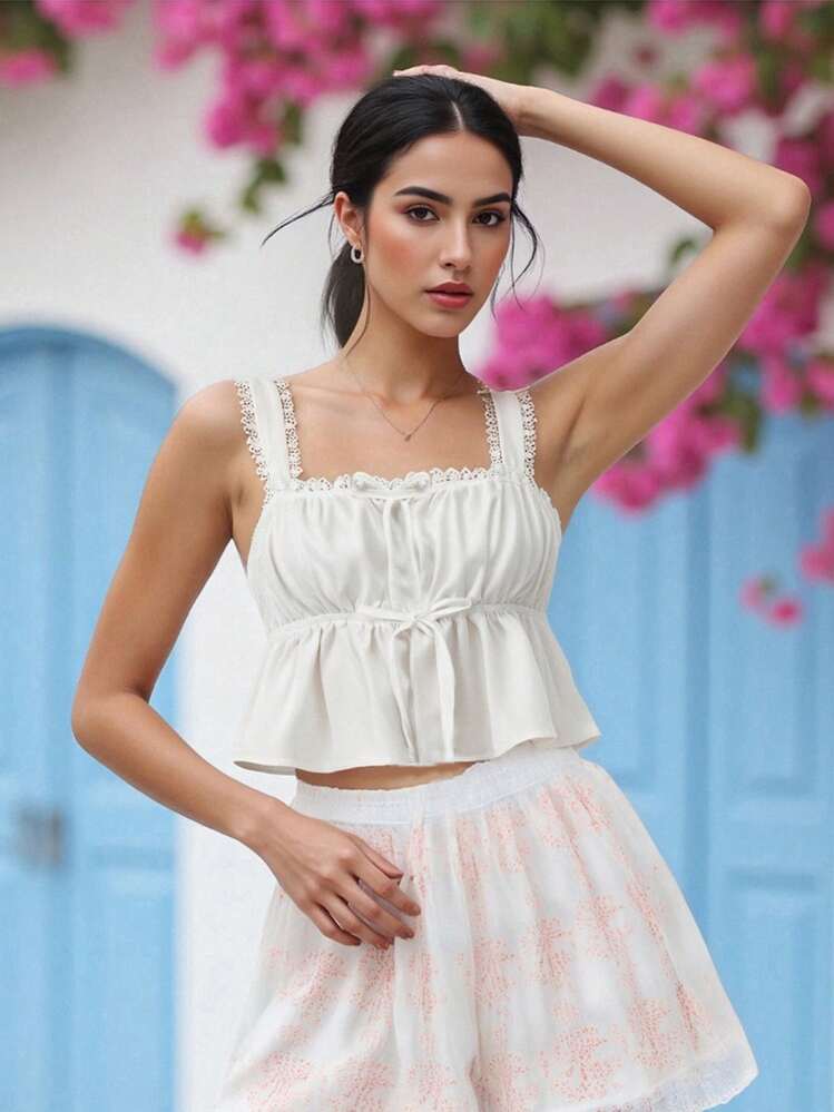 Camisola para mujer, top sin mangas con espalda descubierta, plisado, liso, con lazo, chaleco de verano para fiesta y club. - Blanco - Añade 6