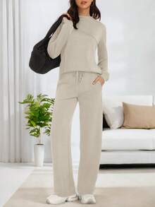Casly Lamiit Women's 2 Piece Lounge Comfort Set - Boat Neck Sweater & Airy Wide Leg Pants Autumn Travel Casual Clothing - Dark Beige - View 2