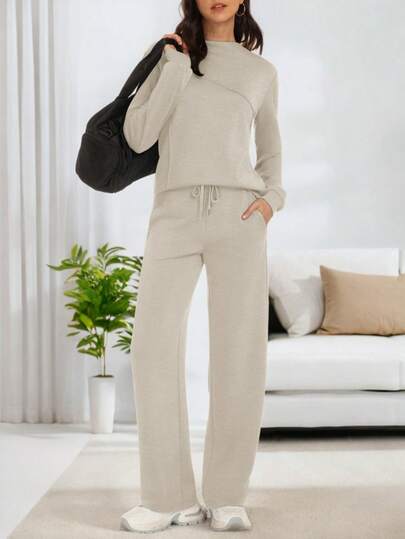 Casly Lamiit Conjunto de dos piezas para mujer: suéter de cuello barco y pantalones anchos y vaporosos, ropa informal de viaje para otoño.