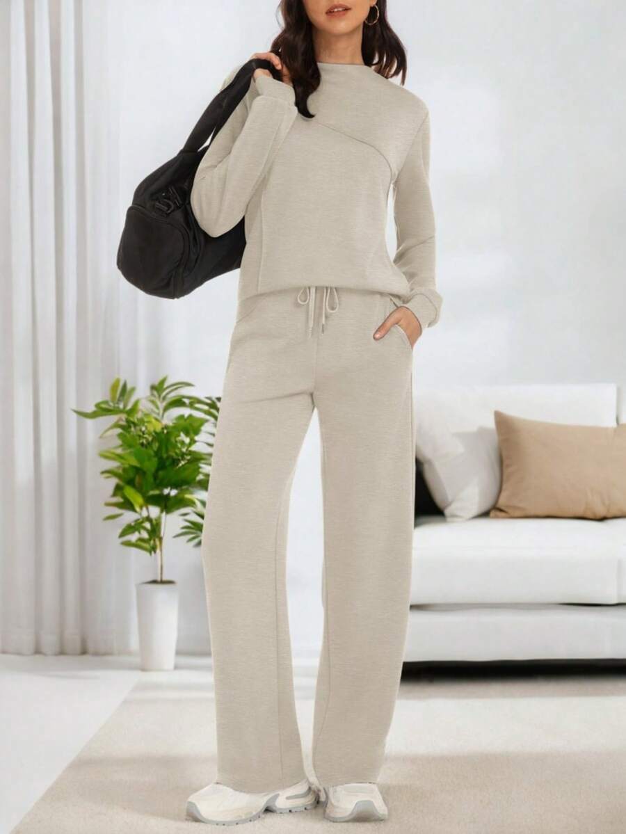 Casly Lamiit Women's 2 Piece Lounge Comfort Set - Boat Neck Sweater & Airy Wide Leg Pants Autumn Travel Casual Clothing