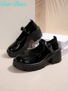 Foot Flair 女款（尺码偏小）玛丽珍厚底粗跟踝带Y2K哥特洛丽塔牛津经典舒适校服正装鞋 - 黑色 - 查看 8
