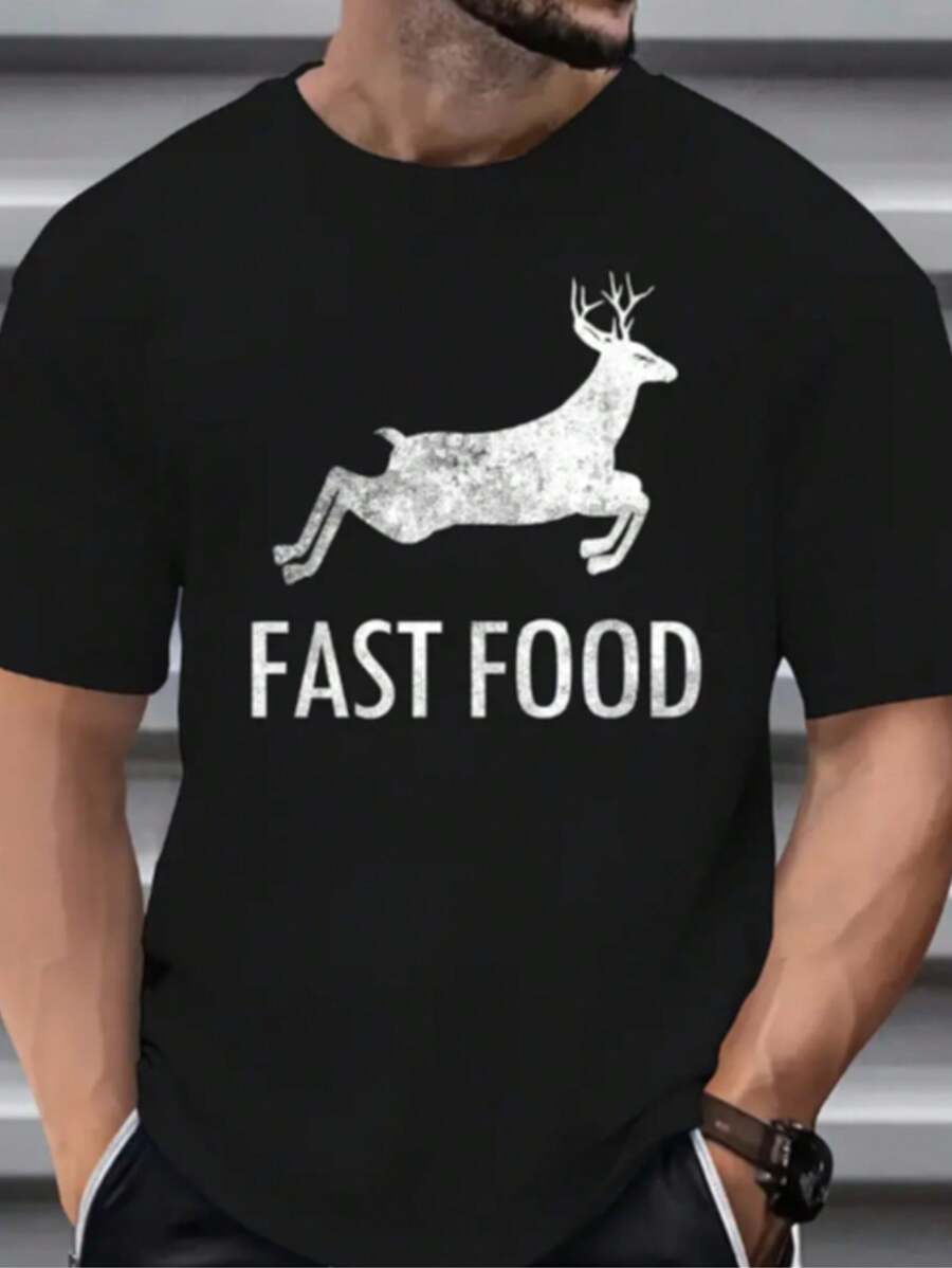 Men's Deer Print Round Neck T-Shirt, Men's Fashion Deer Print, Casual Short Sleeve T-Shirt, Promotion Men's Tops, Comfort For All Seasons