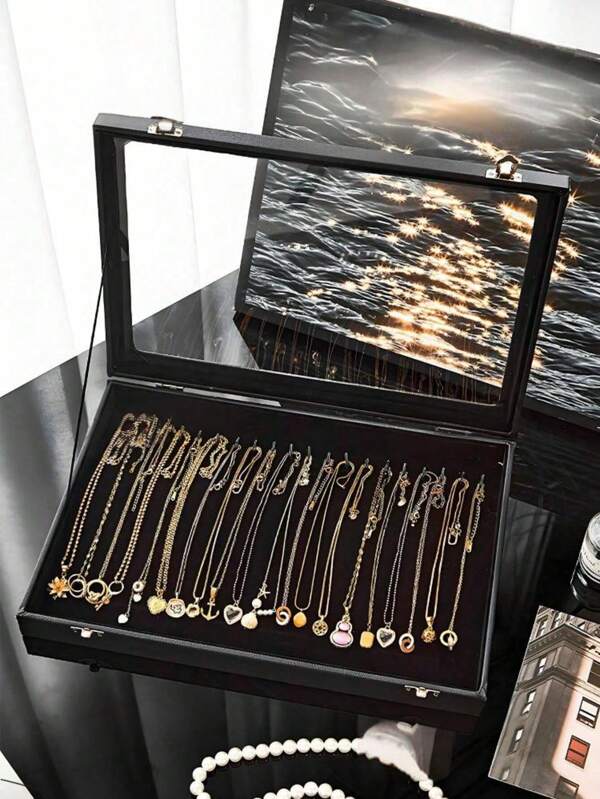 4/1 pièce Boîte de rangement pour colliers avec couvercle transparent de haute qualité, 20 crochets, plateau d'affichage de bijoux avec couvercle transparent, boîte d'affichage de colliers pour colliers et pendentifs, convient aux femmes et aux filles (noir). Boîte de rangement, support pour bagues pour l'affichage des bijoux, boîte de rangement pour bagues