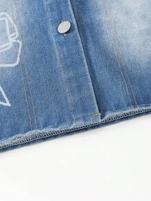 2pcs Girls Casual Fashion Blue Pocket Butterfly Print Denim Long Sleeve Jacket And Blue Denim Pocket Pants Set