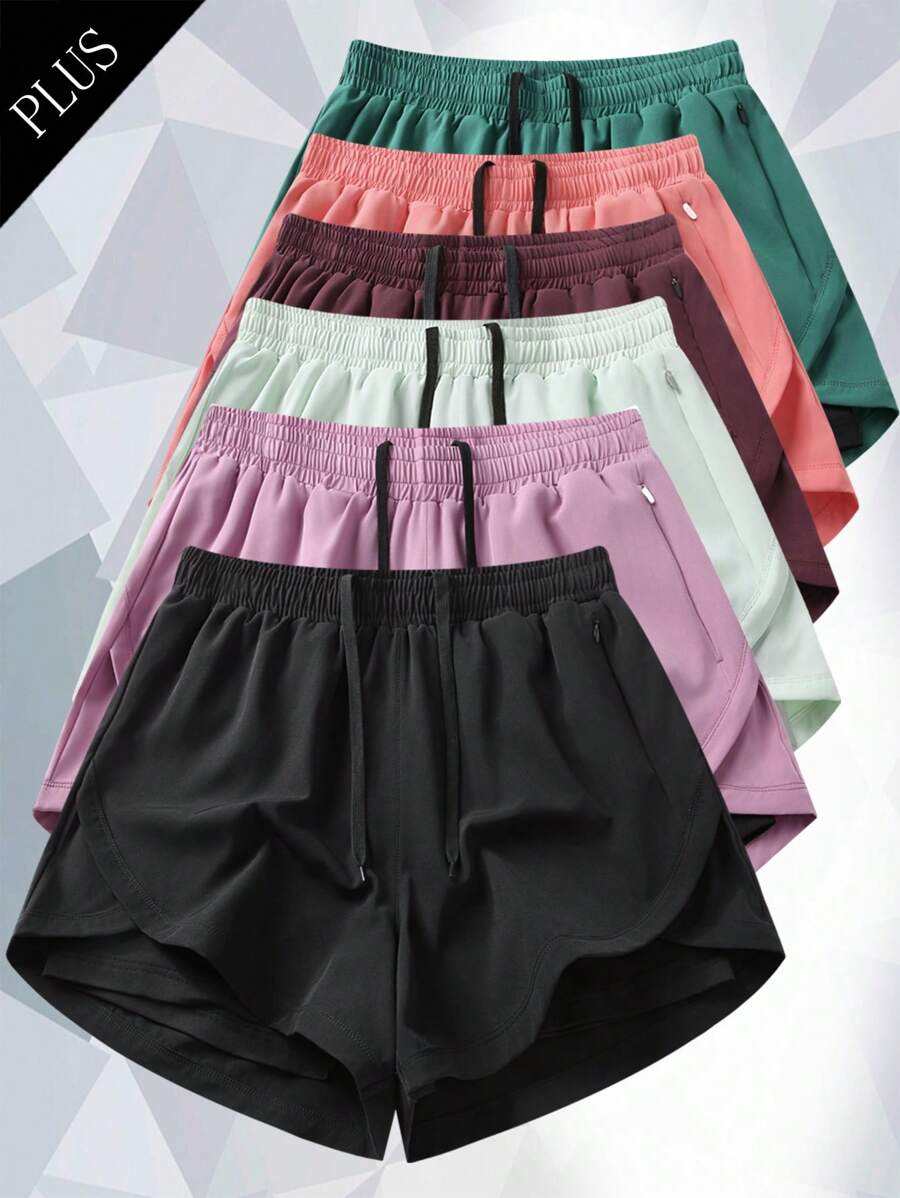 1pc Plus Size Women's Shorts, 2in1 Solid Color Lining 2 In 1 Sports Pants, Elastic Waist Two Pieces Set, Suitable For Running, Sports, Yoga, Fitness In Summer