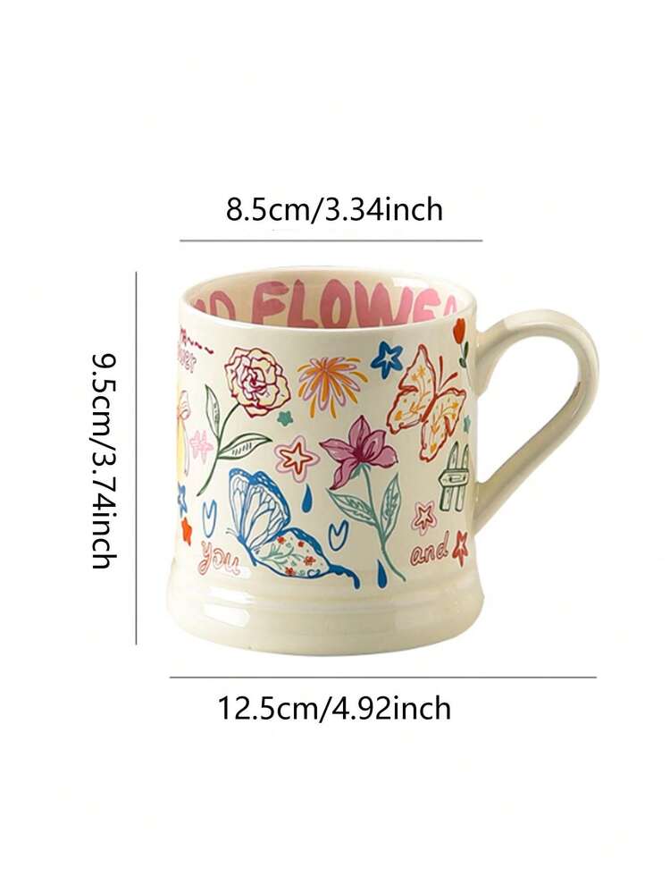 可爱涂鸦蝴蝶奶油色陶瓷杯 - 容量大，适合用作咖啡杯、节日礼物、办公室/家庭饮具、公司礼物或送给朋友/返校的礼物 - 彩色 - 查看 9