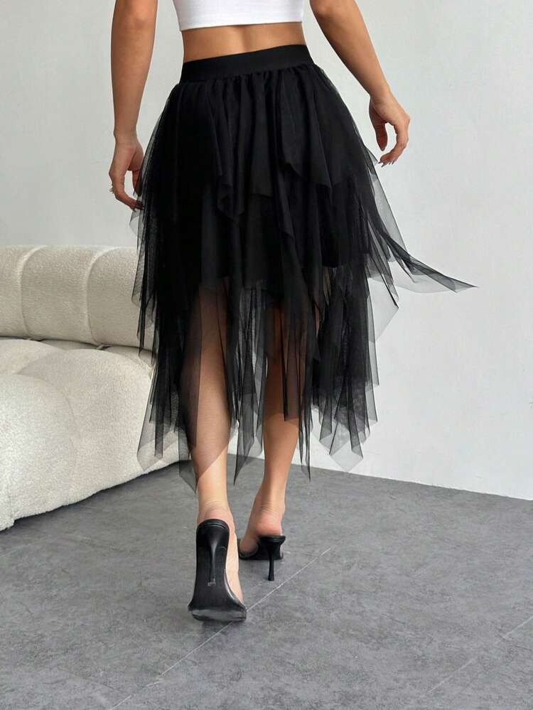 Ombre Asymmetrical Mesh Tulle Skirt, Midi Length Flared Skirt, Spring/Summer Black - Black - View 3