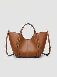 1 件新款纯色 PU 时尚托特包，女士手提包，单肩包，简约通勤多功能大容量手提包，高品质时尚女学生单肩包 - 棕色 - 查看 6