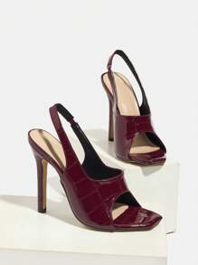 女士高跟凉鞋，时尚宴会派对户外优雅方头闪光露趾露背设计，高端缎面面料搭配厚实的石纹，性感优雅的深红色，夏季 - 深紅色 - 查看 7