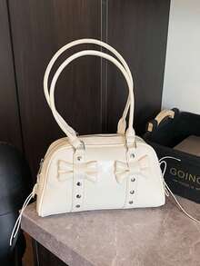 女士复古保龄球包，PU皮革材质，简约纯色手提包，多功能单肩斜挎包，适合工作、通勤、约会、派对等场合，时尚女士波士顿包