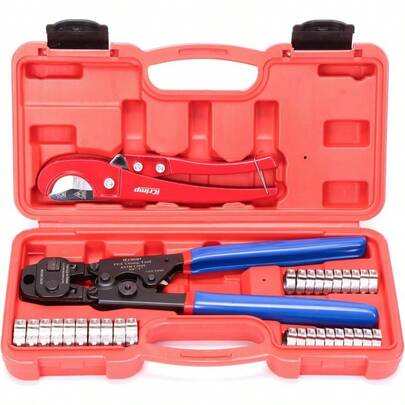 Ratchet PEX Cinch Tool With Removing Function For 3 8in 1 2in 3 4in 1in Stainless Steel Clamp PEX Crimper With 20PCS 1 2in 10PCS 3 4in PEX Clamps And Pipe Cutter All In One