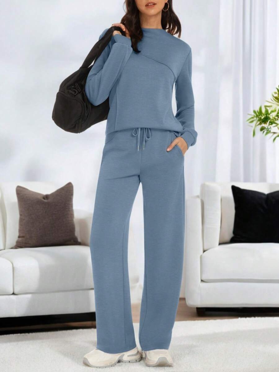 Casly Lamiit Women's 2 Piece Lounge Comfort Set - Boat Neck Sweater & Airy Wide Leg Pants Autumn Travel Casual Clothing - Blue Grey - 查看 1