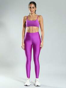 FITNATION Fitness Leggings In Trilobal Fabric With Shine And High Elasticity And Support - Purple - View 5