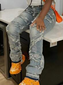 Teens' Fashionable Embroidery Tassel Jeans, Teens' Stretch Slim Tassel Denim Jeans - Medium Wash - View 1