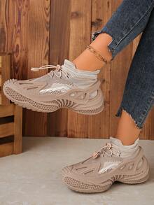 Women's Casual Sneakers, Fashion Thick Sole Versatile Elastic Knit Slip-On Athletic Shoes, Soft Bottom Comfortable Mom Shoes, Hiking Shoes - Khaki - View 5