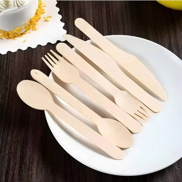 50/100/200件一次性木质餐具套装 | 木质叉子、刀子和勺子 | 适用于蛋糕勺、甜点勺、冰淇淋勺、沙拉叉和牛排叉。非常适合生日、圣诞派对、旅行露营、野餐和节日装饰。 - 卡其色 - 查看 6
