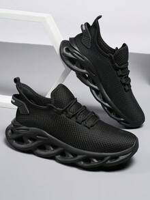 Women's ​ Black Wave Sole Knit Sneakers - Everyday Comfort Support For Urban Walk, Year-Round Breathable Minimalist Wear​ - 黑色 - 查看 3