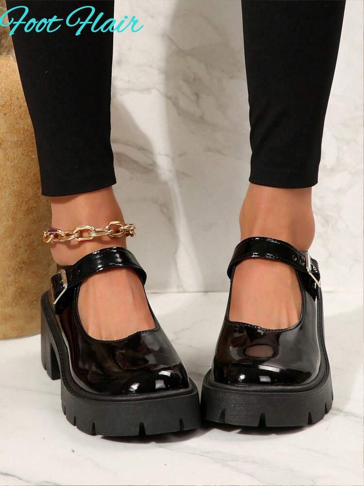 Foot Flair 女式玛丽珍厚底粗跟工作、婚礼、踝带 Y2K 哥特洛丽塔牛津舒适校服正装鞋，尺码偏小 - 建议购买大一码 - 黑色 - 查看 2