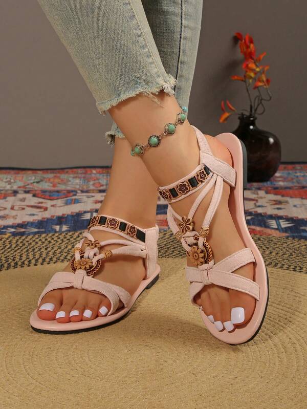 Girls' Flat Sandals, Open Toe Ankle Strap, Fashion Casual Beach Holiday Floral Bohemian Roman Sandals