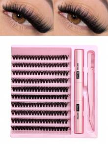 200片/200片*2 DIY睫毛嫁接套装，单簇睫毛，D型卷翘，8-16毫米混合长度，包含睫毛胶水、封层剂和睫毛嫁接工具，方便在家进行睫毛嫁接 - 黑色 - 查看 9