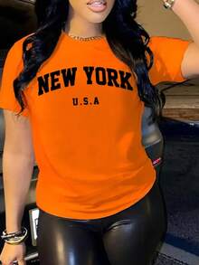 Camiseta de manga corta para mujer con estampado de letras, una camiseta básica informal adecuada para usar todos los días en primavera y verano. - Naranja - Ver 1