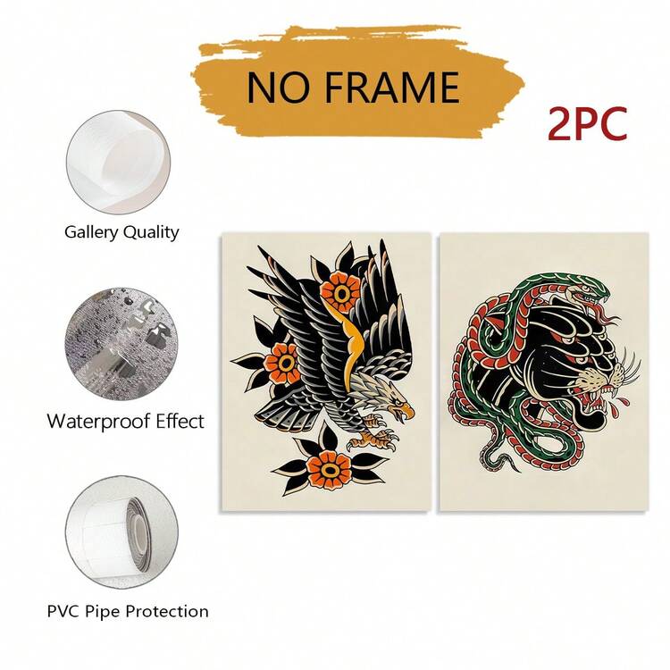 Bộ 2 tranh nghệ thuật xăm hình truyền thống hình đại bàng và rắn với họa tiết hoa - Tranh minh họa mực tàu Nhật Bản sống động, thiết kế động vật mang tính biểu tượng, tranh treo tường phong cách cổ điển, hoàn hảo cho người yêu thích hình xăm, không bao gồm khung. Thích hợp cho phòng khách, phòng ngủ, văn phòng tại nhà và lớp học. - Nhiều màu - Xem 8