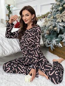Women's Long Sleeve & Pants Cute Christmas Cartoon Pattern Pajama Set, Suitable For Spring & Autumn, Fall Clothes