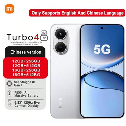 Xiaomi Redmi Turbo4 Pro Smartphone : Snapdragon 8s Gen4 (4nm), 7550mAh High-Capacity Battery For Long-Lasting Endurance, 6.83-Inch Eye-Care Display, And 3D Ice-Cooling Thermal System,Only Supprots English And Chinese Language.
