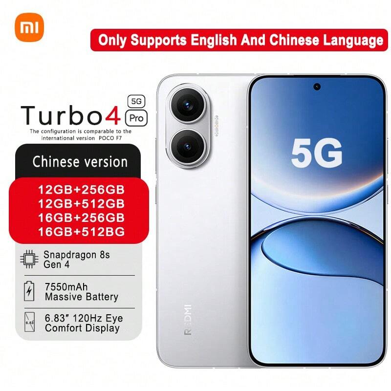 Xiaomi Redmi Turbo4 Pro Smartphone : Snapdragon 8s Gen4 (4nm), 7550mAh High-Capacity Battery For Long-Lasting Endurance, 6.83-Inch Eye-Care Display, And 3D Ice-Cooling Thermal System,Only Supprots English And Chinese Language.