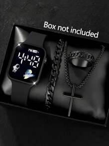 4pcs/Set Boy Square LED Love Airplane Digital Display Electronic Children's Watch And 3 Pieces Of Hip-Hop Bracelet Necklace Ring, Perfect Gift For Halloween And Christmas, Back To School Season Party Celebration Travel, As A Gift Souvenir For Friends And Family, Daily Wear Decoration - Multicolor - View 3